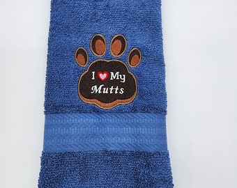I Love My Mutts on Blue Embroidered Hand Towel - Face Towel - Free Shipping - Ready To Ship