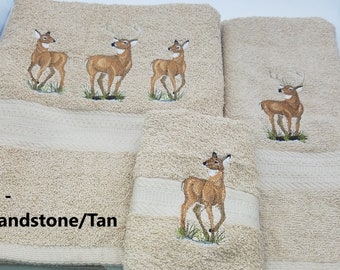 White Tail Deer - Embroidered Towels - Pick Color of Towel, Set or Individual Towels - Bath Sheet, Bath Towel, Hand Towel & Washcloth