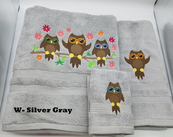 Owl Trio in Sunglasses - Order Set or Individually - Pick Towel Color - Embroidered Towels - Bath Sheet, Bath Towel, Hand Towel & Washcloth