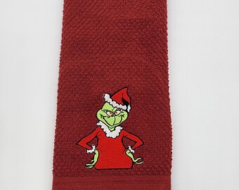 Grinch on Red - Embroidered Cotton Kitchen Towel - Ready To Ship