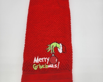 Merry Grinchmas on Red Embroidered Cotton Kitchen Towel - Free Shipping - Ready To Ship