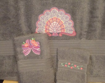Victorian Fan - Embroidered Bath Towel Set - Bath Towel, Hand Towel and Washcloth - Order Set or Individually