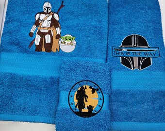 Mandalorian on Turquoise  - 3 Piece Embroidered Towel Set - Bath Towel, Hand Towel and Washcloth - Ready To Ship