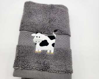 Ready To Ship - Cow on Gray Washcloth - Free Shipping