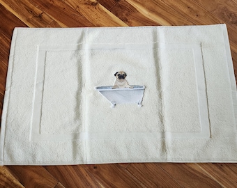 Pug In The Tub Embroidered Bath Mat - Embroidered Directly on Bath Mat