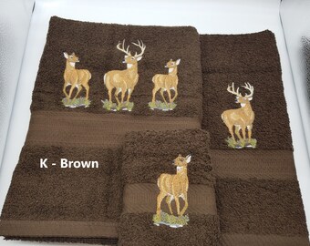White Tail Deer - Embroidered Towels - Pick Color of Towel, Set or Individual Towels - Bath Sheet, Bath Towel, Hand Towel & Washcloth