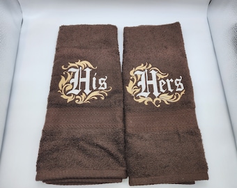 His & Hers on Brown - Embroidered Hand Towels - In Stock - Ready To Ship
