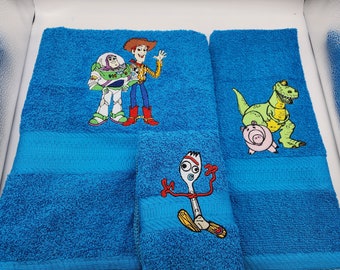 Ready To Ship -Toy Story on Light Blue - 3 Piece Embroidered Towel Set - Bath Towel, Hand Towel and Washcloth - Free Shipping