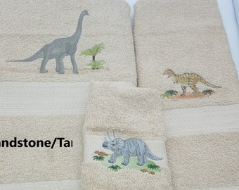 Dinosaurs Set One -  Brontosaurus - T-Rex - Triceratops - Embroidered Towels - Pick Your Size of Set & Towel Color - Free Shipping