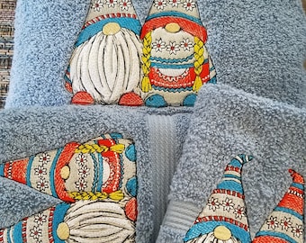 Hippy Gnomes -Embroidered Towels - Pick Color of Towel and Size of set - Bath Sheet, Bath Towel, Hand Towel and Washcloth