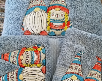 Hippy Gnomes -Embroidered Towels - Pick Color of Towel and Size of set - Bath Sheet, Bath Towel, Hand Towel and Washcloth - FREE SHIPPING