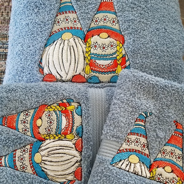 Hippy Gnomes -Embroidered Towels - Pick Color of Towel and Size of set - Bath Sheet, Bath Towel, Hand Towel and Washcloth - FREE SHIPPING