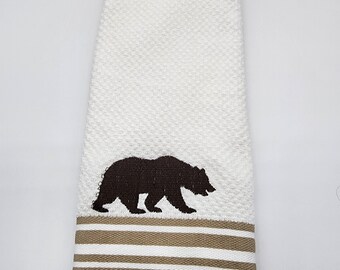 Bear Silhouette on White with Tan Stripe - Embroidered Cotton Kitchen Towel - Kitchen Decor - Free Shipping