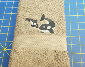 Whale on Gray - Embroidered Hand Towel - Face Towel - Ready To Ship
