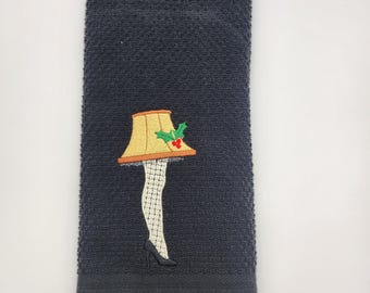Leg Lamp on Black  - Embroidered Cotton Kitchen Towel - Ready To Ship