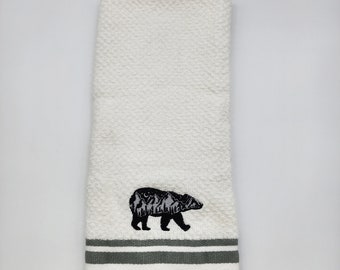 Black Bear with Design on White with Gray Stripes  - Embroidered Cotton Kitchen Towel - Free Shipping