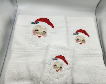 Santa Face on White - 3 Piece Embroidered Towel Set - Bath Towel, Hand Towel and Washcloth - In Stock - Ready To Ship