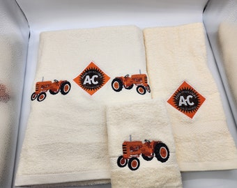 Allis Chalmers Tractors on Ivory  - 3 Piece Embroidered Bath Towel Set - Bath Towel, Hand Towel & Washcloth - Ready To Ship