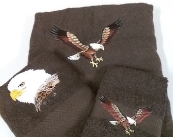 Eagle In Flight - Embroidered Towel - Pick Size of Set or Individual - Choose Towel Color - Bath Sheet, Bath Towel, Hand Towel & Washcloth