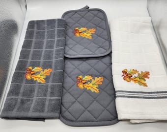 4 Piece Embroidered Kitchen Towel Set - Fall Leaves - Order as sets or individually