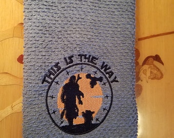 Mandalorian on Gray Embroidered Cotton Kitchen Towel - Ready To Ship