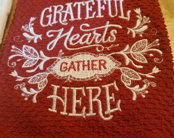 Grateful Hearts Gather Here - Embroidered Cotton Kitchen Towel