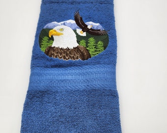 Ready To Ship - Duel Eagle on Blue Embroidered Hand Towel - Free Shipping