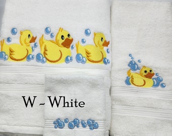 Rubber Ducky Embroidered Towels - Pick Your Size of Set & Towel Color - Bath Sheet, Bath Towel, Hand Towel, Washcloth - Free Shipping