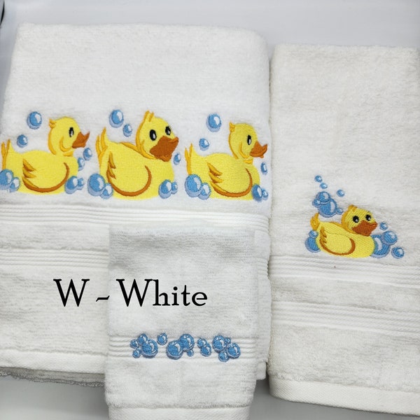 Rubber Ducky Embroidered Towels - Pick Your Size of Set & Towel Color - Bath Sheet, Bath Towel, Hand Towel, Washcloth - Free Shipping