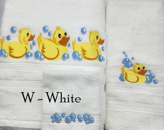 Featured listing image: Rubber Ducky Embroidered Towels - Pick Your Size of Set & Towel Color - Bath Sheet, Bath Towel, Hand Towel, Washcloth