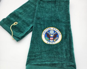 Military - Army - Pick Your Color of Towel - Embroidered Golf Towel - Tri-Fold, Grommet, Hook - Free Shipping