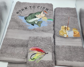 Born To Fish with Bass on Grayh - 3 Piece Embroidered Towel Set - Bath Towel, Hand Towel and Washcloth - Ready To Ship