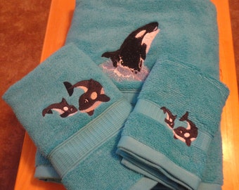 Whale on Turquoise - 3 Piece Embroidered Bath Towel Set - Bath Towel, Hand Towel & Washcloth - In Stock - Ready To Ship
