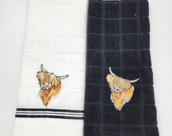 Highland Cow on Black and White with Black Pair of  Embroidered Cotton Kitchen Towel - Free Shipping - Ready to Ship