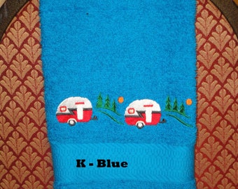 Two Vintage Trailer  - Embordered Hand Towel  - Choose Color of Towel -  Order One of More - Bathroom Decoration - Free Shipping