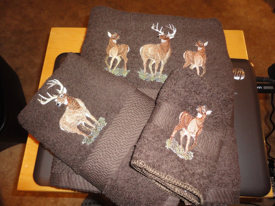 White Tail Deer Embroidered Bath Towel Set Bath Towel Etsy