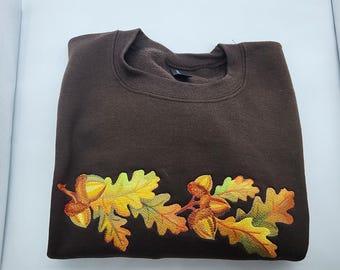 Autumn Leaves on Brown Embroidered Sweatshirt - L - Ready To Ship