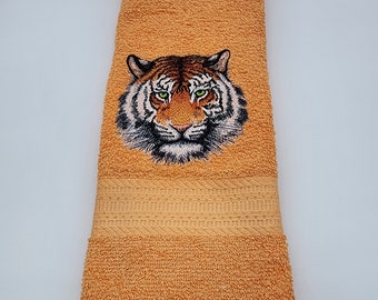 Tiger Face on Orange Embroidered Hand Towel - Face Towel -  Free Shipping - Ready to Ship