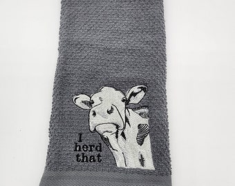 Cow - I Herd That - Embroidered Cotton Kitchen Towel - Kitchen Decoration - Free Shipping - Order One or More