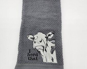 Cow - I Herd That - Embroidered Cotton Kitchen Towel - Kitchen Decoration - Order One or More
