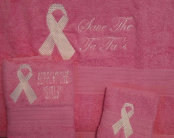 Breast Cancer  - Embroidered Towels - Bath Sheet, Bath Towel, Hand Towel and Washcloth - pick towel color - Order Set or Individually