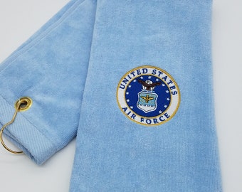 In Stock - Ready To Ship - Military - Air Force on Light Blue - Embroidered Golf Towel - Tri-Fold - Grommet - Hook - Free Shipping