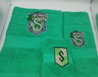 Ready To Ship - Harry Potter - Slytherin on Green  - 3 Piece Embroidered Towel Set - Bath Towel, Hand Towel and Washcloth