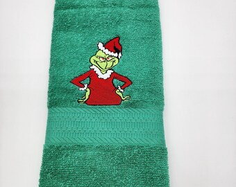 Grinch on Green - Embroidered Hand Towel - In Stock - Ready To Ship