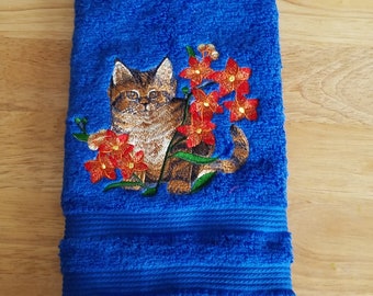 Brown and Black Cat - Embroidered Hand Towel - Bathroom Decoration