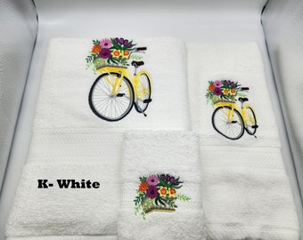 Summer Bike Bicycle Embroidered Towels - Pick Size of Set and Color of Towels - Bath Sheet, Bath Towel, Hand Towel & Washcloth - Free Ship