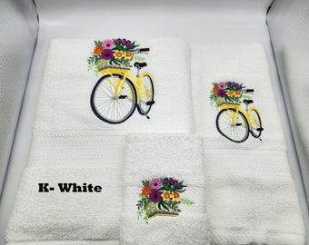 Summer Bike Bicycle Embroidered Towels - Pick Size of Set and Color of Towels - Bath Sheet, Bath Towel, Hand Towel & Washcloth