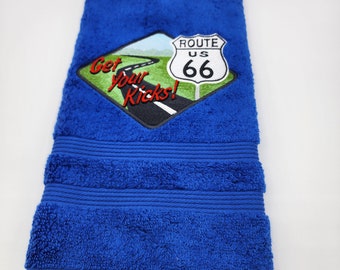 Ready To Ship - Route 66 on Cobalt Blue - Embroidered Hand Towel - Face Towel - Free Shipping