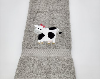 In Stock - Ready To Ship - Girl Cow on Gray - Face Towel - Bathroom Decoration - Embroidered Hand Towel - Free Shipping