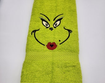 Mrs Grinch on Lime Green Hand Towel - Ready to Ship - In Stock